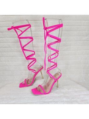 Chica Bright Neon Pink  Sateen Long Lace Strappy Tie Up High Heel Sandals